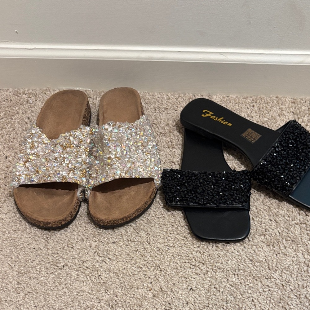 Women's Black and Cream Beaded Sandals